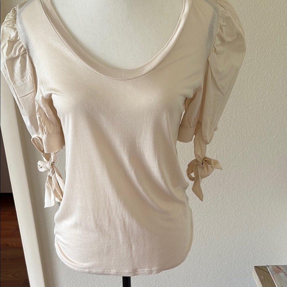 LOFT Tan Puff Sleeve Blouse with Tie Front
